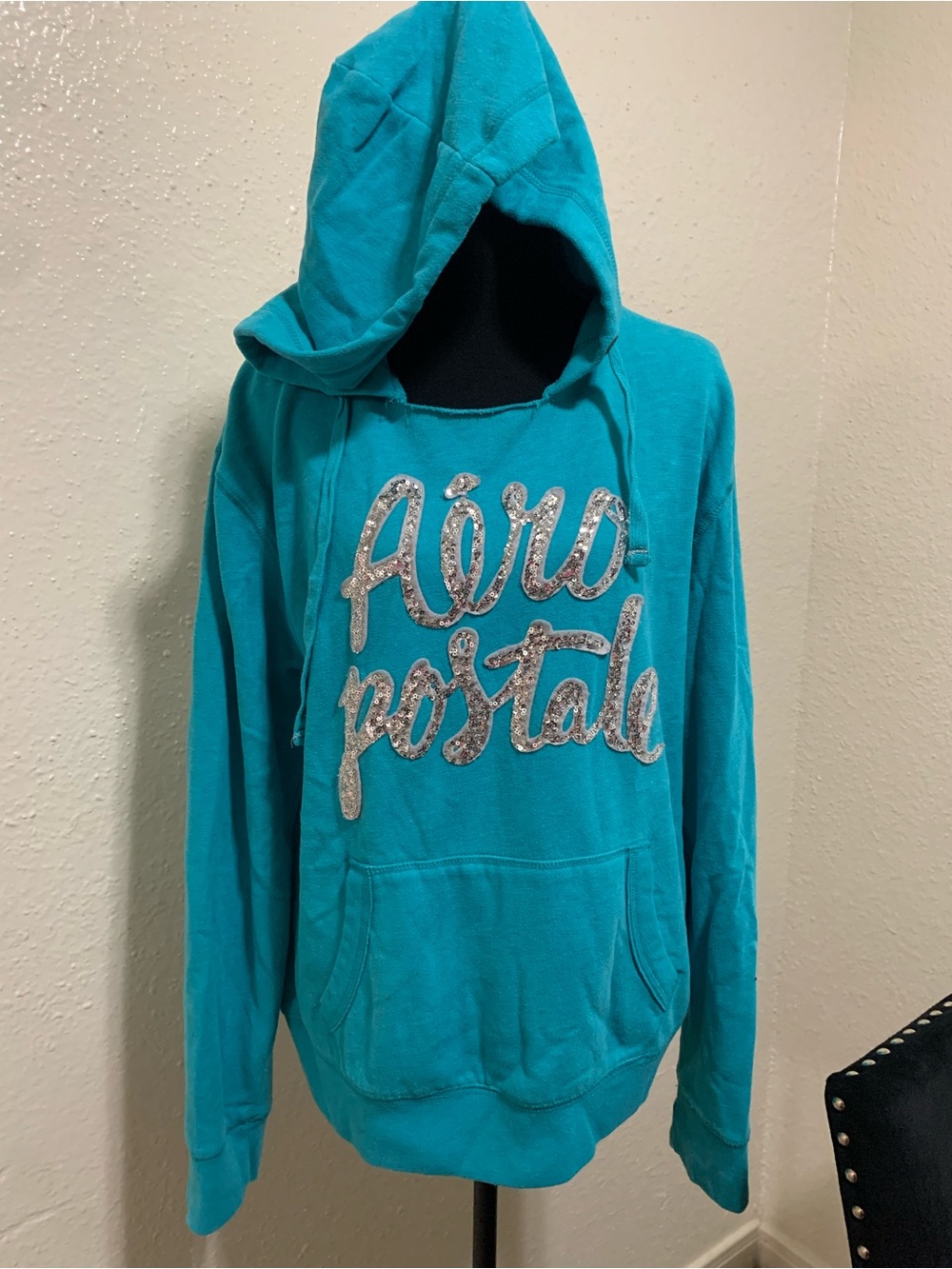 Aeropostale blue hoodie with silver glitter 'Aéro postale' text